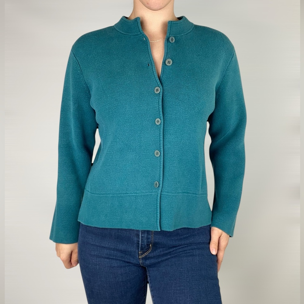 EILEEN‎ FISHER Petite Button Down Sweater Cardigan Turquoise Thick Cotton